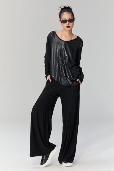 Lamante Slash Deri Detaylı Bluz - Siyah