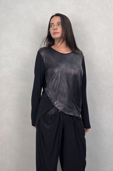 Lamante Slash Deri Detaylı Bluz - Siyah