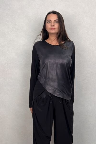Lamante Slash Deri Detaylı Bluz - Siyah