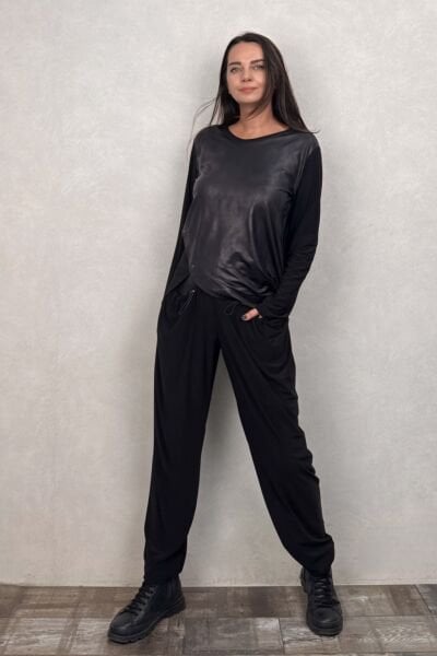 Lamante Slash Deri Detaylı Bluz - Siyah