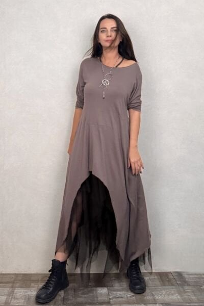 Maxi Viskon Tunik ve Kat Kat Tül Etek Kombin - Siyah