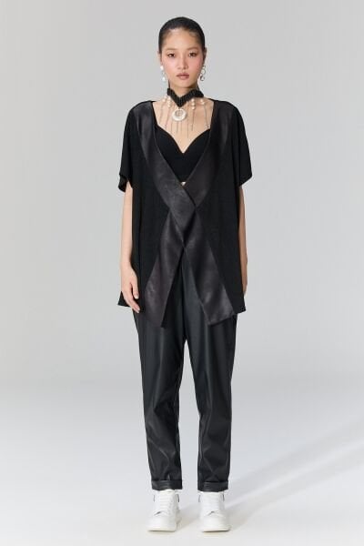 Lamante Deri Şeritli Yelek Bluz - Siyah