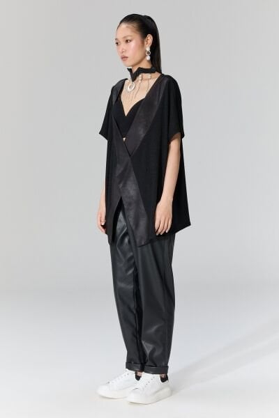 Lamante Deri Şeritli Yelek Bluz - Siyah