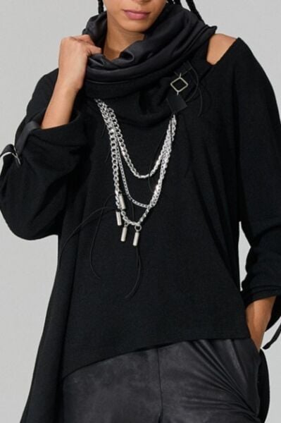 Lamante Deri ve Zincir Kolye -  Siyah Silver