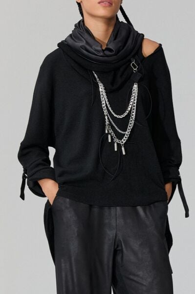 Lamante Deri ve Zincir Kolye -  Siyah Silver