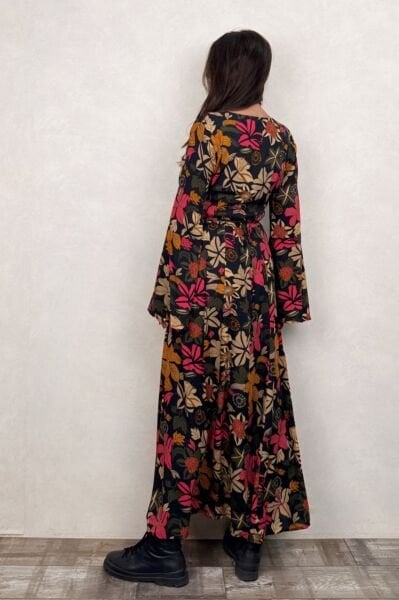 Belden Bağlamalı İspanyol Elbise - Güz Yaprakları