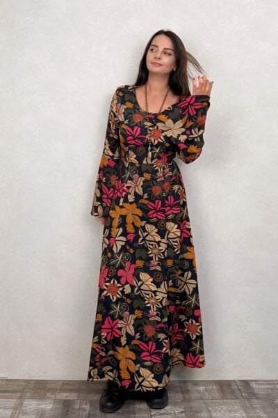 Belden Bağlamalı İspanyol Elbise - Güz Yaprakları