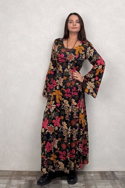 Belden Bağlamalı İspanyol Elbise - Güz Yaprakları