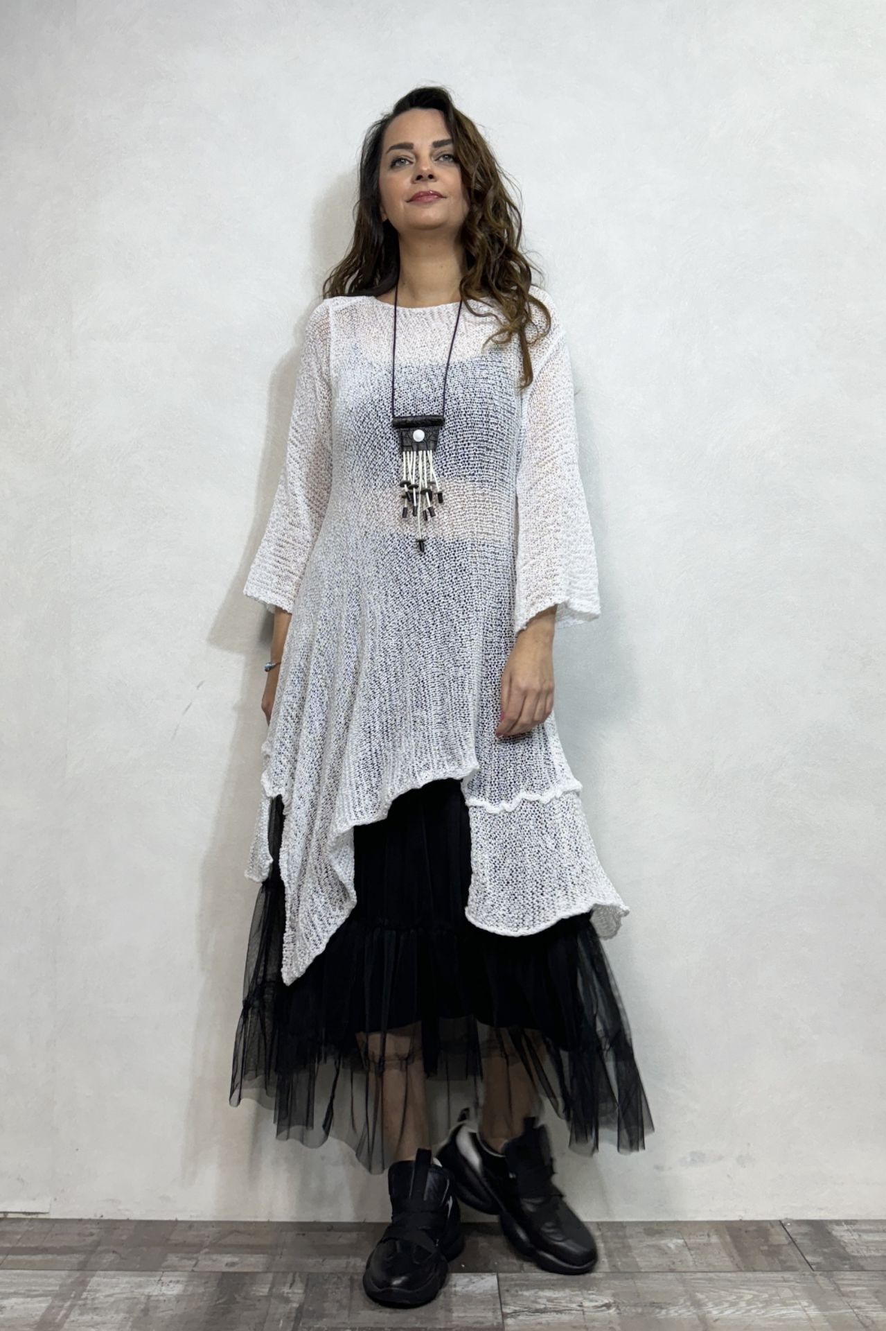 Merserize Tunik ve Tül Etek Kombin - Siyah Beyaz