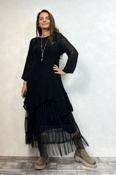Merserize Tunik ve Tül Etek Kombin - Siyah