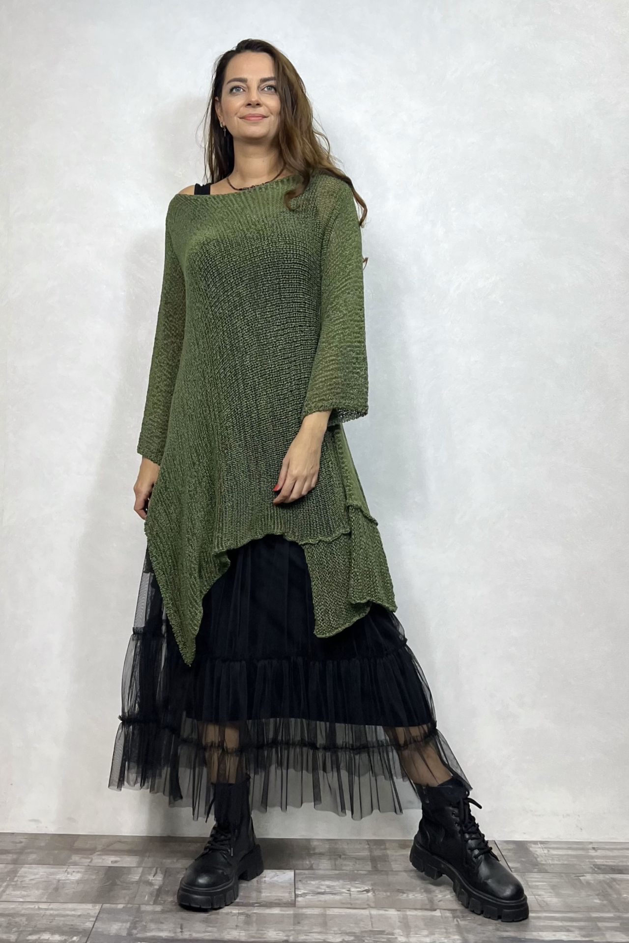 Merserize Tunik ve Tül Etek Kombin - Haki Siyah