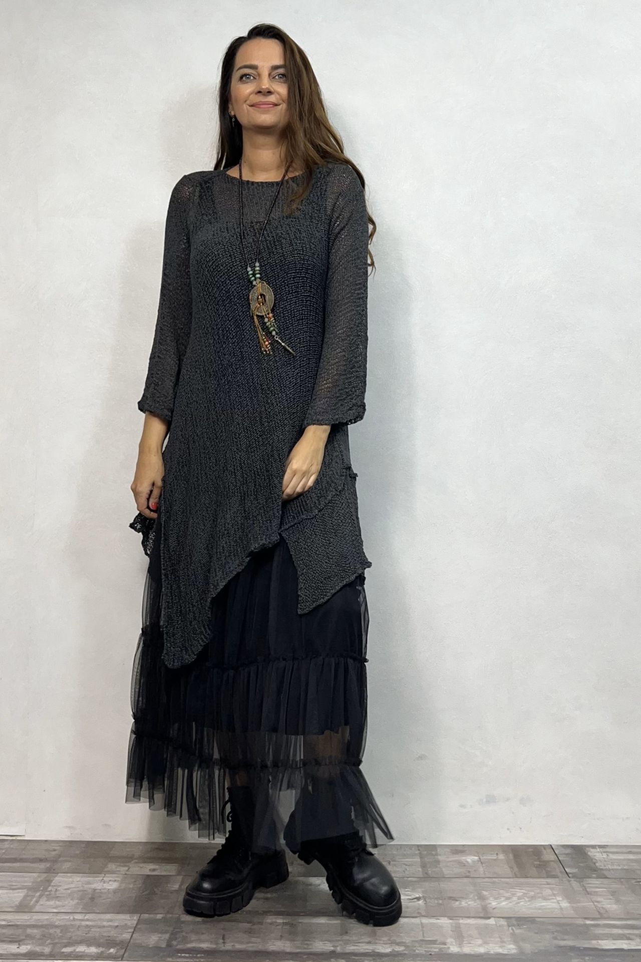 Merserize Tunik ve Tül Etek Kombin - Antrasit Siyah