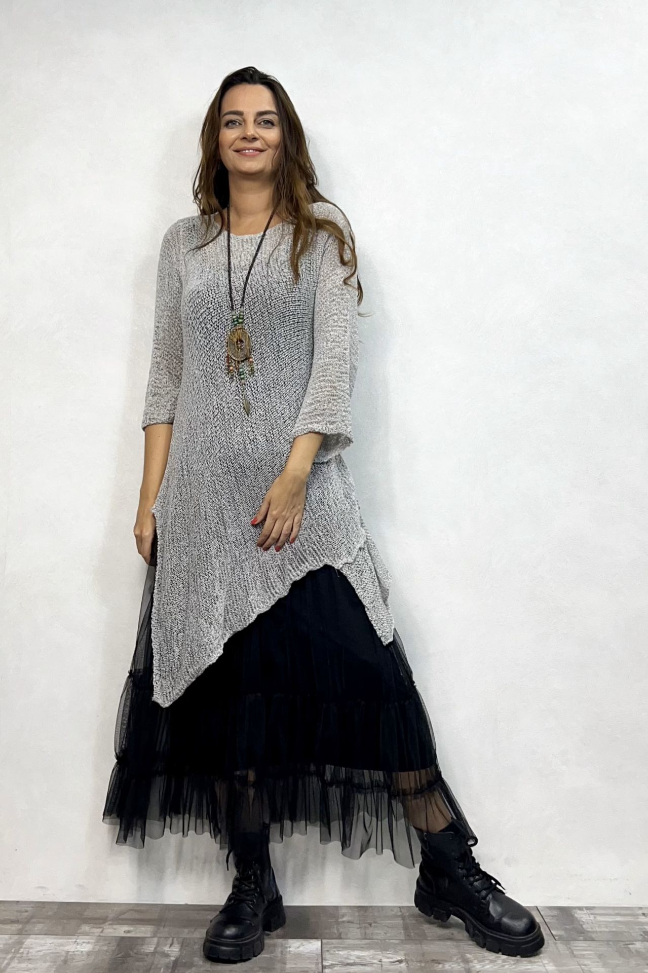 Merserize Tunik ve Tül Etek Kombin - Gümüş Gri Siyah