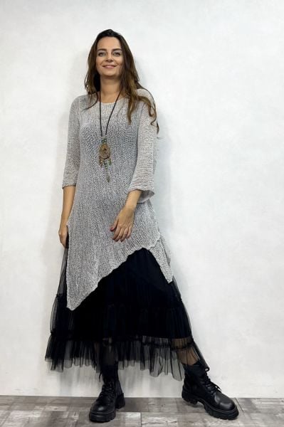 Merserize Tunik ve Tül Etek Kombin - Gümüş Gri Siyah