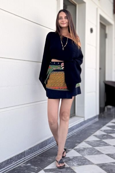 Çıtçıt Kapamalı Cep Kemerli Anvelop Mini Etek - Siyah