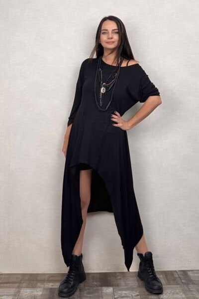 Asimetrik Maxi Uzun Tunik Elbise - Siyah