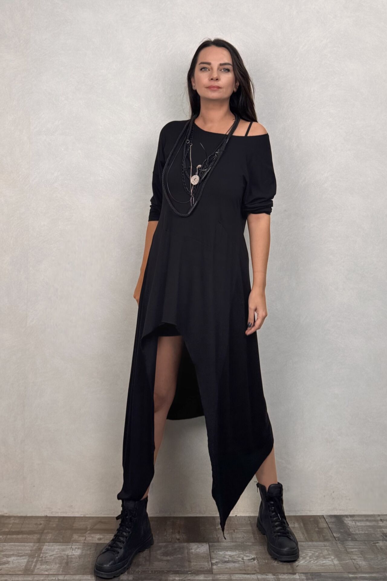 Asimetrik Maxi Uzun Tunik Elbise - Siyah