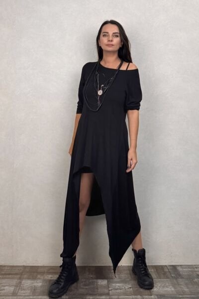 Asimetrik Maxi Uzun Tunik Elbise - Siyah