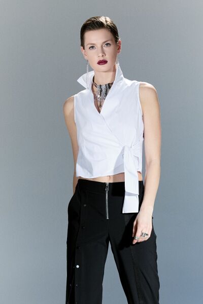 Lamante Bağlamalı Gömlek Bluz - Beyaz