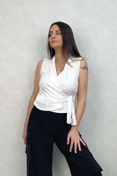 Lamante Bağlamalı Gömlek Bluz - Beyaz