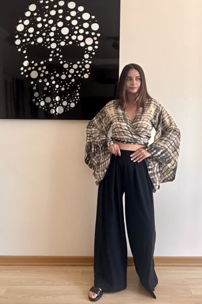 Kimono Kol İpek Bolero Bluz - Siyah Eskiz