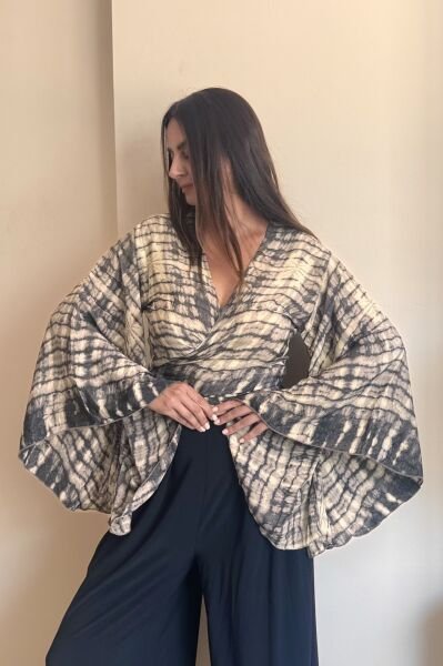 Kimono Kol İpek Bolero Bluz - Siyah Eskiz
