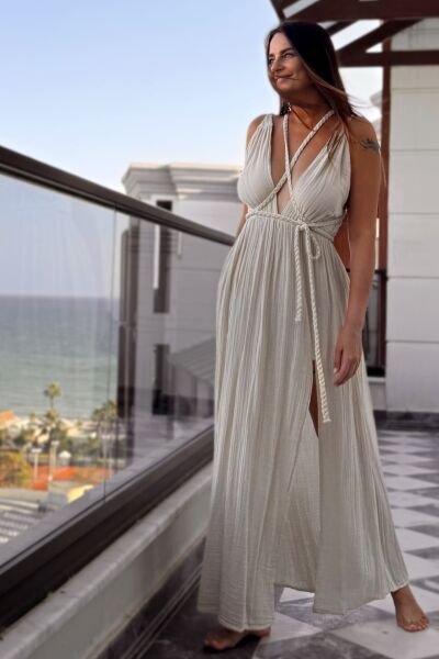 Niobe Müslin Elbise Beige - Bej