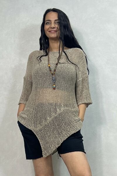 Parça Detaylı Asimetrik Merserize Bluz - Vizon