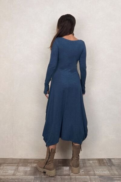 Layla Kayık Yaka Bohem Kışlık Elbise - Petrol Mavi