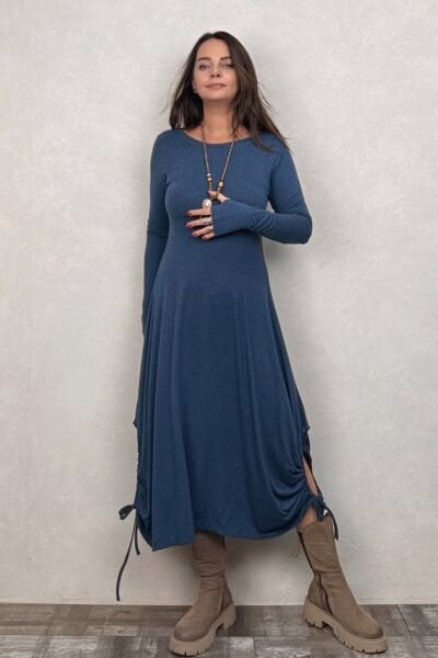 Layla Kayık Yaka Bohem Kışlık Elbise - Petrol Mavi