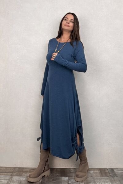 Layla Kayık Yaka Bohem Kışlık Elbise - Petrol Mavi