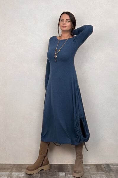 Layla Kayık Yaka Bohem Kışlık Elbise - Petrol Mavi