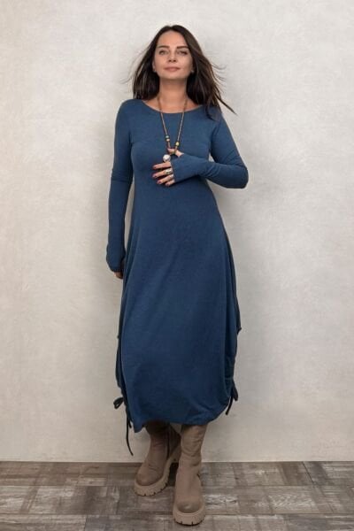 Layla Kayık Yaka Bohem Kışlık Elbise - Petrol Mavi