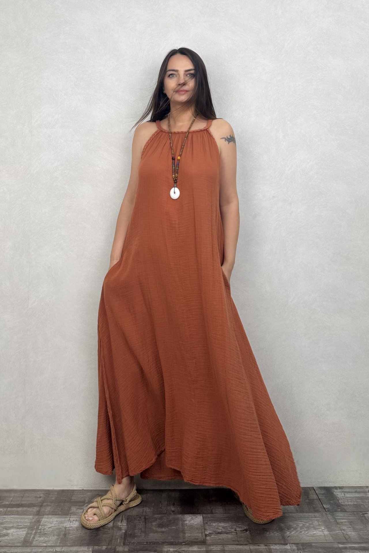 Perit Müslin Elbise Neutral Brown -Terracota