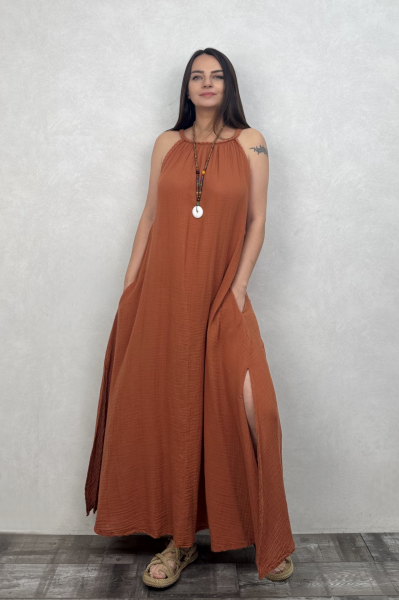 Perit Müslin Elbise Neutral Brown -Terracota