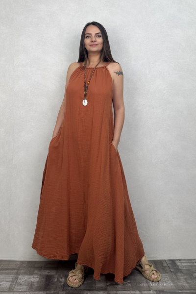 Perit Müslin Elbise Neutral Brown -Terracota
