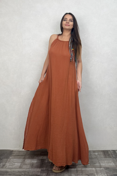 Perit Müslin Elbise Neutral Brown -Terracota