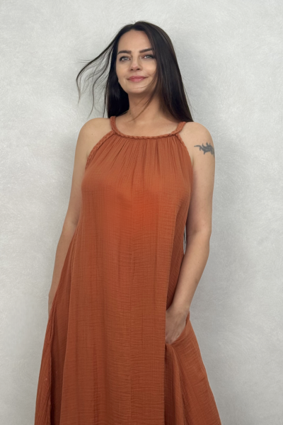 Perit Müslin Elbise Neutral Brown -Terracota