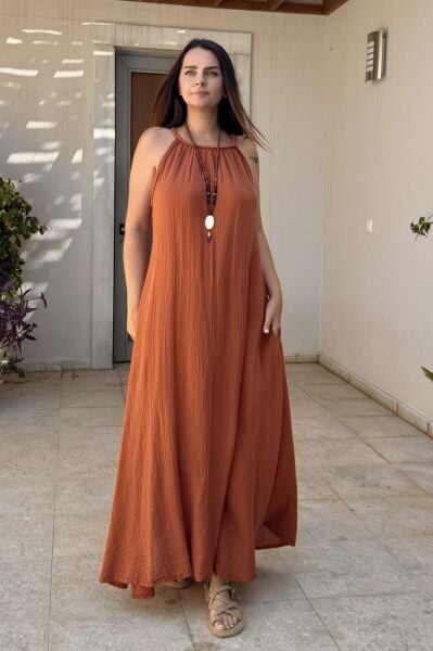 Perit Müslin Elbise Neutral Brown -Terracota