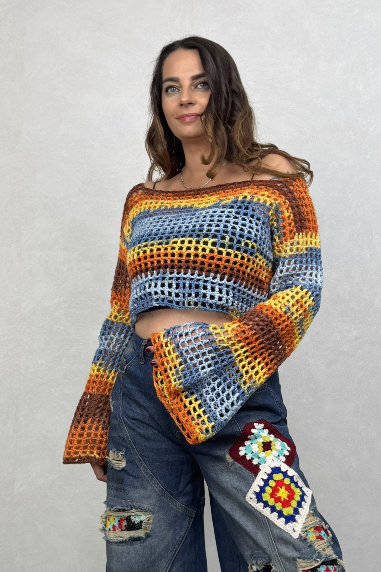 İspanyol Kol Batik Örgü Crop Bluz- Sarı Batik