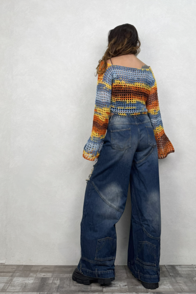 İspanyol Kol Batik Örgü Crop Bluz- Sarı Batik