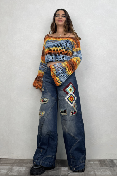 İspanyol Kol Batik Örgü Crop Bluz- Sarı Batik