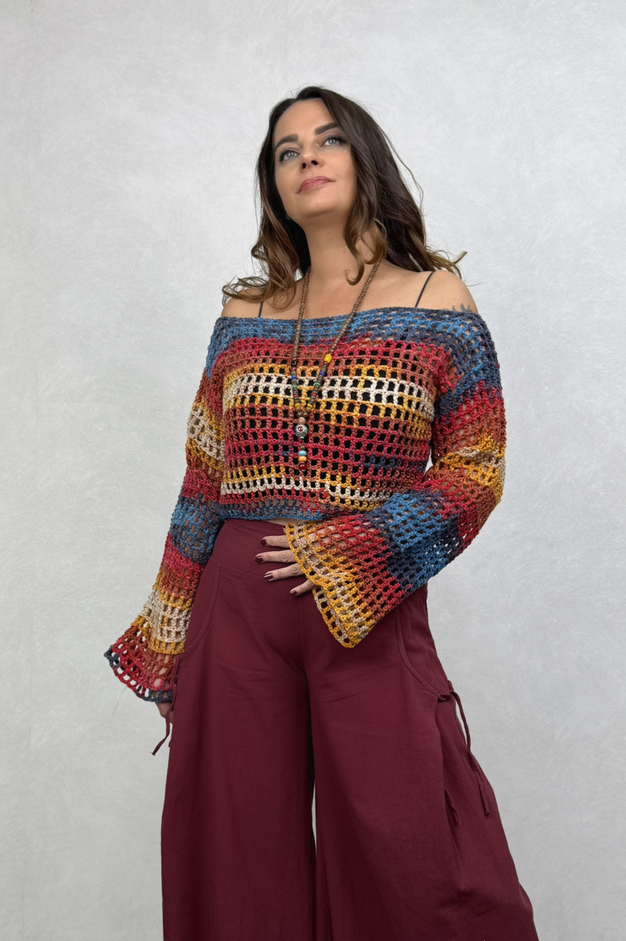 İspanyol Kol Batik Örgü Crop Bluz- Gökkuşağı