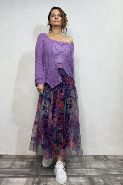 Uzun Tül Etek Mor Tribal Desen