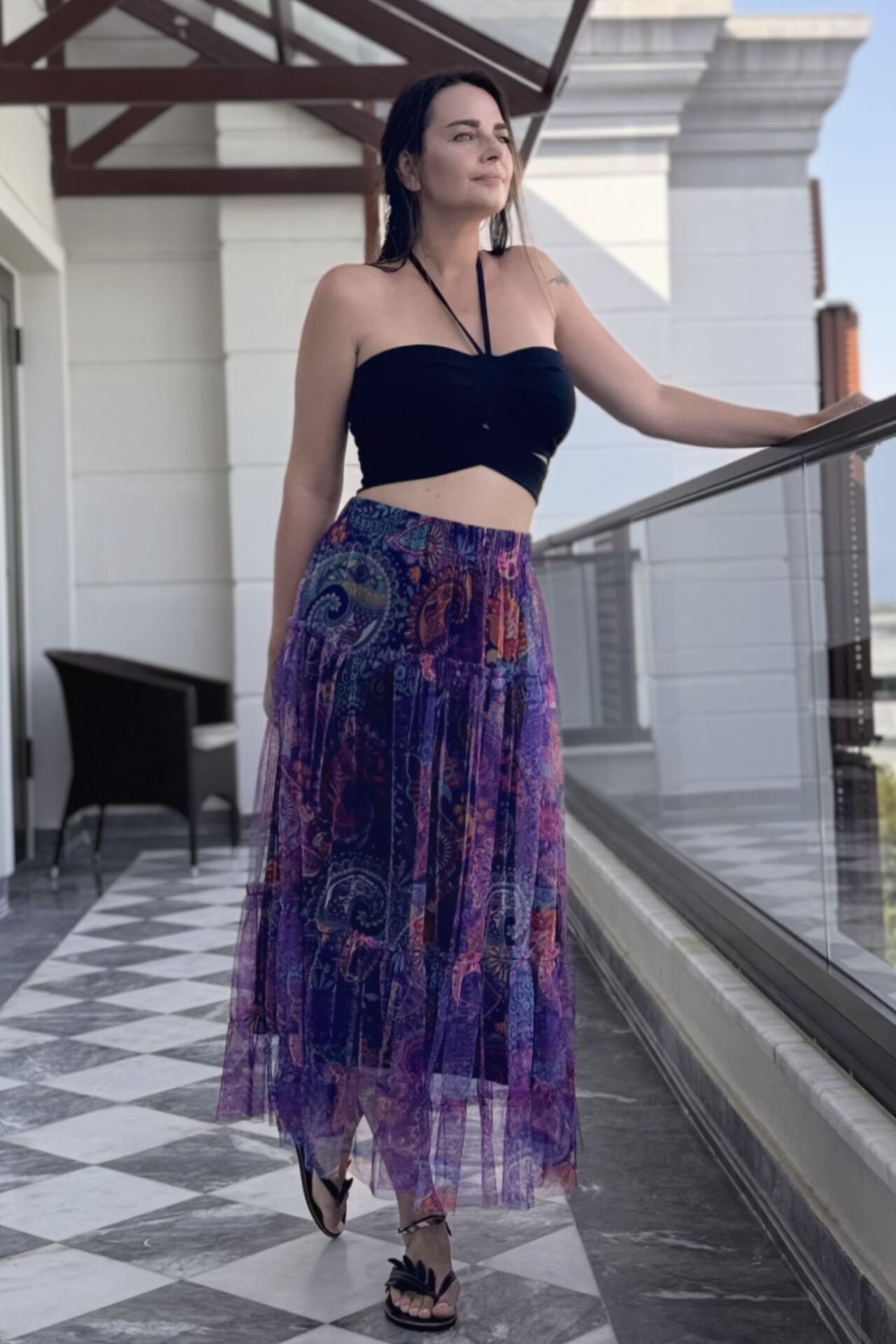 Uzun Tül Etek Mor Tribal Desen