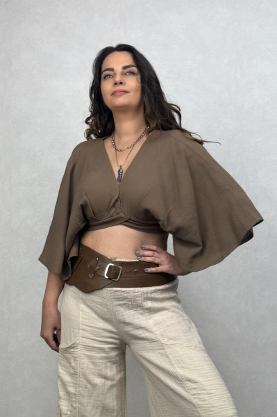Aris Nature Müslin Crop Bluz Neutral Brown -Doğal Kahve