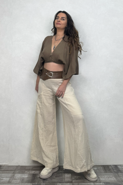 Aris Nature Müslin Crop Bluz Neutral Brown -Doğal Kahve