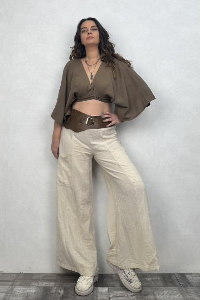 Aris Nature Müslin Crop Bluz Neutral Brown -Doğal Kahve
