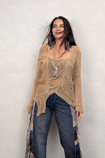 Pera Dikiş Detaylı Merserize Bluz - Camel