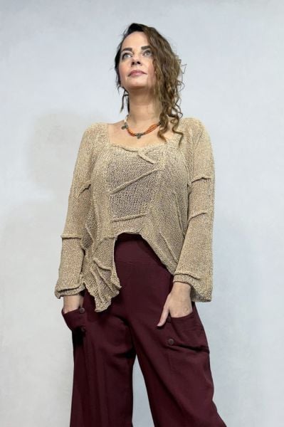 Pera Dikiş Detaylı Merserize Bluz - Camel
